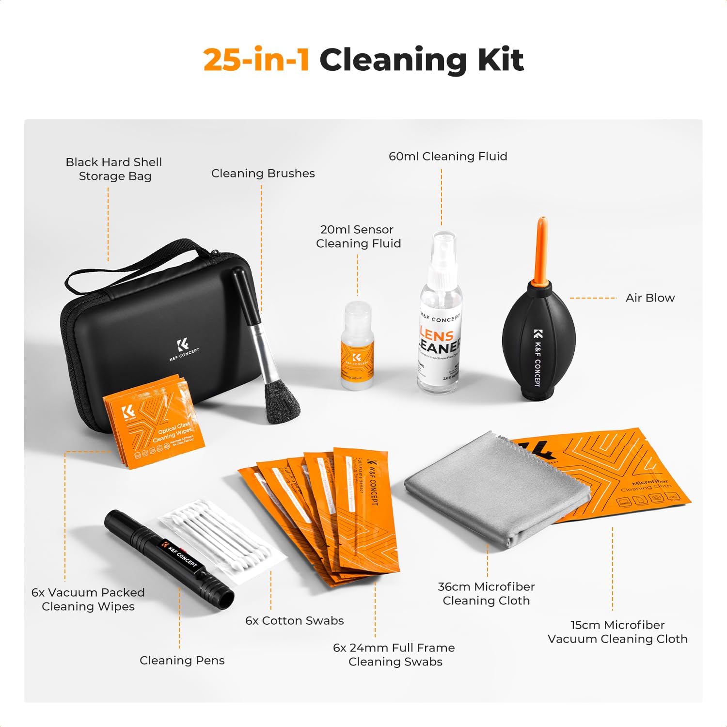 K&F Concept 25-1 Professional Camera Cleaning Kit with Full Frame Sensor Cleaning Swabs/60ML & 20ML Lens Cleaner/Cleaning Wipes/Camera Blower/Lens Pen Brush/Microfiber Cloths/Carrying Case - Image 2