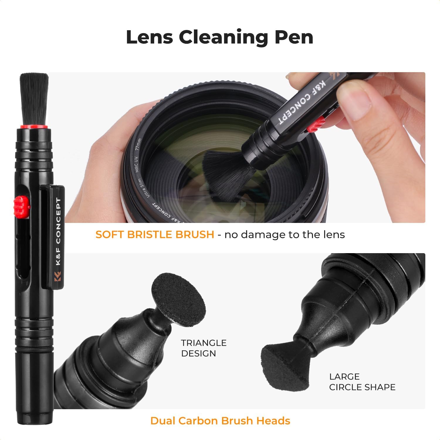 K&F Concept 25-1 Professional Camera Cleaning Kit with Full Frame Sensor Cleaning Swabs/60ML & 20ML Lens Cleaner/Cleaning Wipes/Camera Blower/Lens Pen Brush/Microfiber Cloths/Carrying Case - Image 4