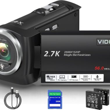 Video Camera Camcorder, QHD 2.7K 56MP 16X Digital Vlogging Camera with LED Fill Light for YouTube, 2.8'' 270° Rotation Screen Camcorder Camera with 32GB Card and Two Batteries