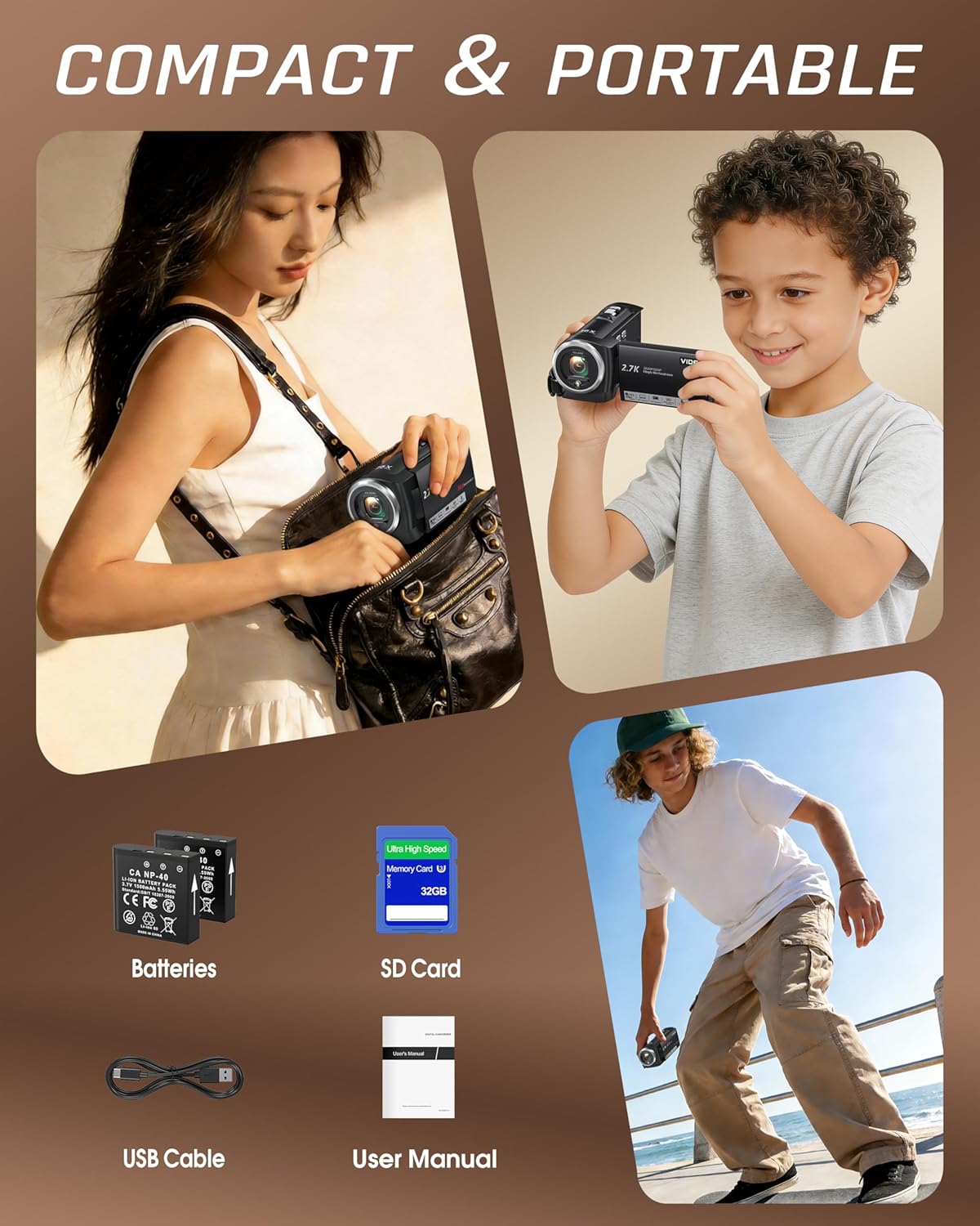 Video Camera Camcorder, QHD 2.7K 56MP 16X Digital Vlogging Camera with LED Fill Light for YouTube, 2.8'' 270° Rotation Screen Camcorder Camera with 32GB Card and Two Batteries - Image 8